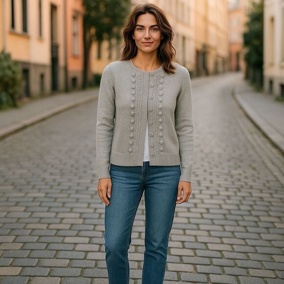 Prive Gray Cashmere Cardigan Small Snap Front Luxury Old Money Minimalist Preppy - Picture 1 of 9